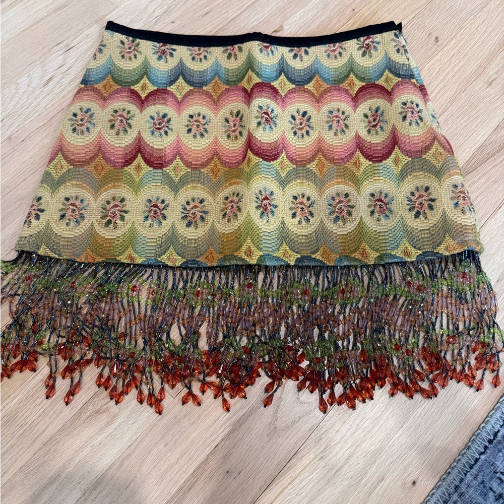 Beaded Fringe Mini Skirt in Multi Floral Pattern
